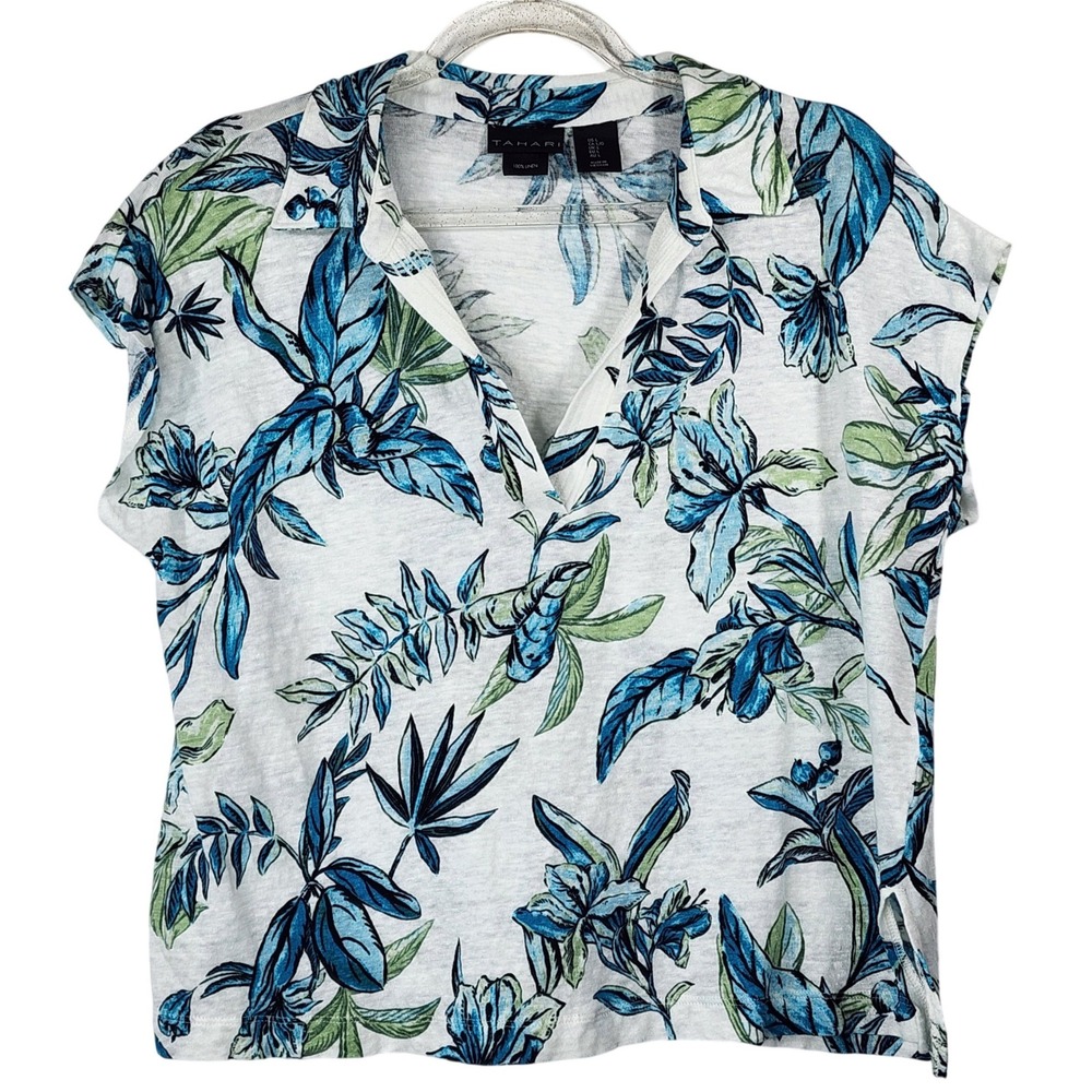 Tahari Womens 100% Linen Tropical Floral V-Neck‎ Collared Short Sleeve Top Large